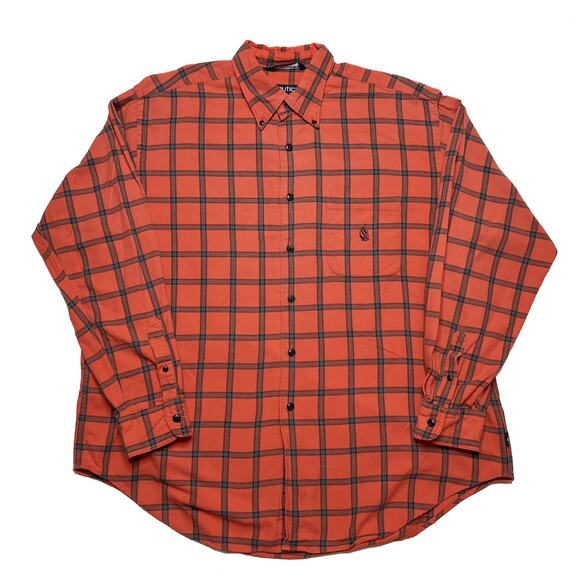 Nautica Vintage Plaid Flannel Orange Checkered Button Up Men's XL Workwear 90s - Picture 1 of 7